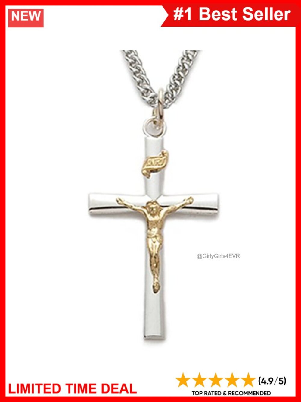 Two-Tone Sterling Silver Cross Pendant Necklace 24 Inch Chain Religious